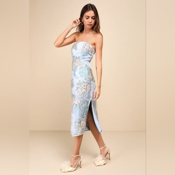 Lulus Upgraded Event Blue Jacquard Strapless Bustier Midi Dress S Wedding Party - Picture 4 of 10